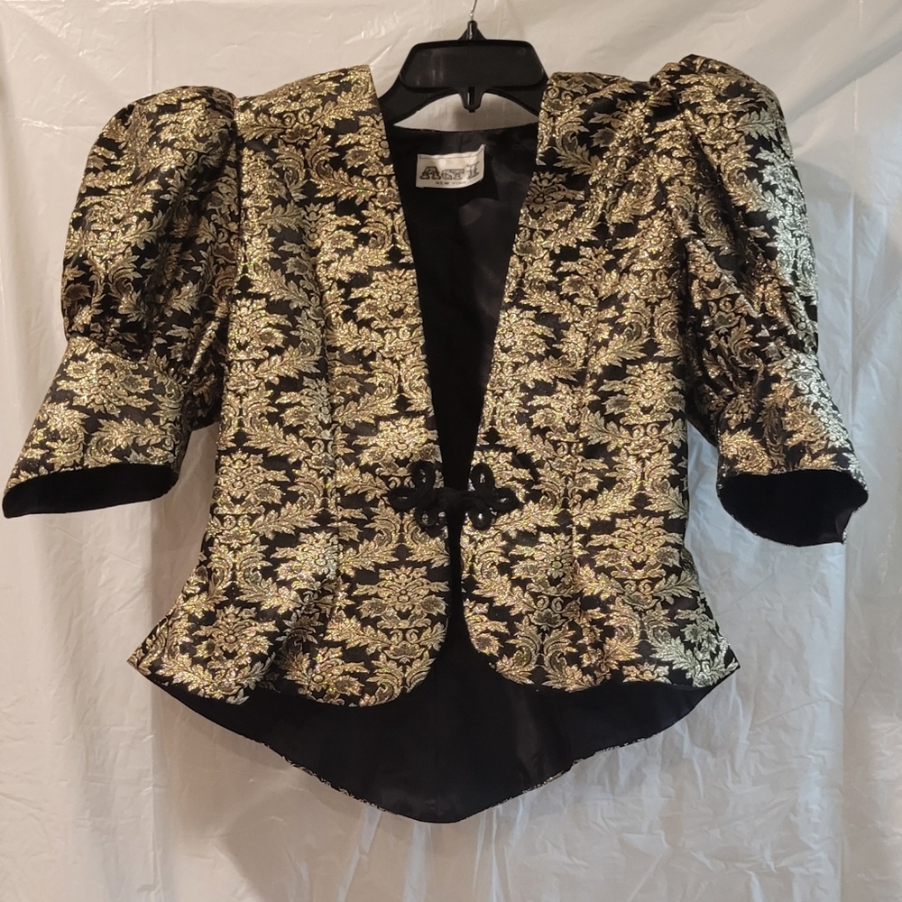 Elegant Metallic Gold Black Brocade Peplum Short Jacket 7-8